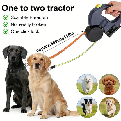 PAWHM 3M Double Dog Leash - Retractable, Tangle-Free Lead for Two Small Dogs with LED Light, Waste Bag Dispenser, and Reflective Hands-Free Design for Night Walking - 10Ft Rotating Stretchable Leash for Golden Retrievers