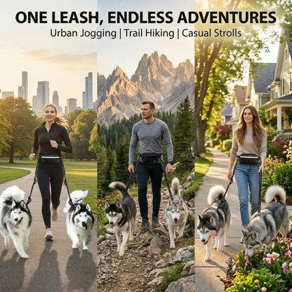 Hands-Free Dog Running Leash with Adjustable Waist Belt | Reflective Bungee Design, Dual Handles, Shock-Absorbing for Medium and Large Dogs - Ideal for Walking, Jogging, and Hiking