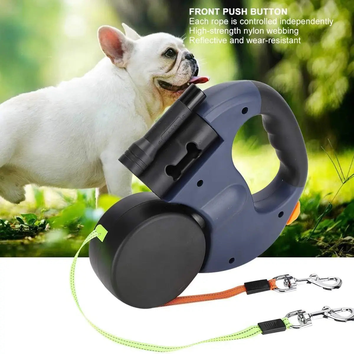 PAWHM 3M Double Dog Leash - Retractable, Tangle-Free Lead for Two Small Dogs with LED Light, Waste Bag Dispenser, and Reflective Hands-Free Design for Night Walking - 10Ft Rotating Stretchable Leash for Golden Retrievers