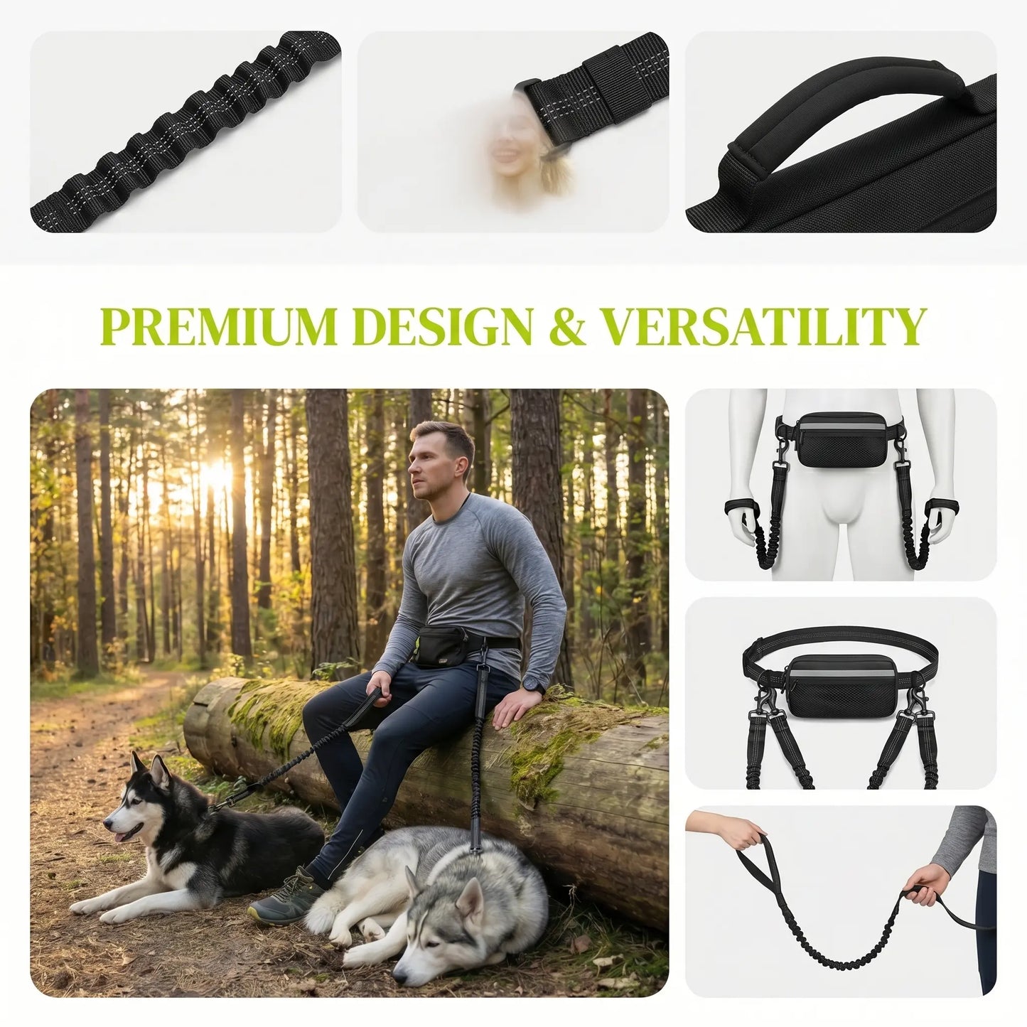Hands-Free Dog Running Leash with Adjustable Waist Belt | Reflective Bungee Design, Dual Handles, Shock-Absorbing for Medium and Large Dogs - Ideal for Walking, Jogging, and Hiking