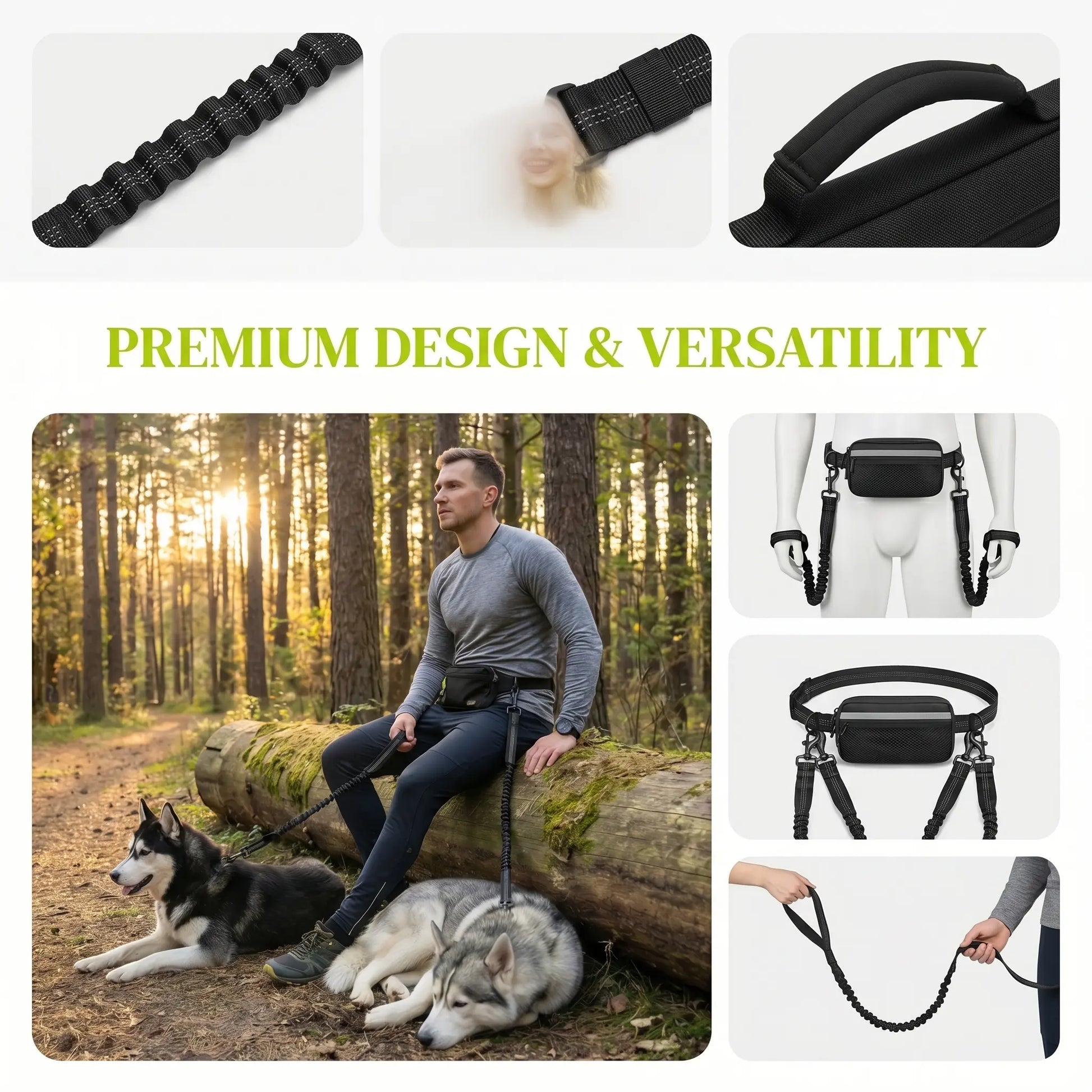 Hands-Free Dog Running Leash with Adjustable Waist Belt | Reflective Bungee Design, Dual Handles, Shock-Absorbing for Medium and Large Dogs - Ideal for Walking, Jogging, and Hiking