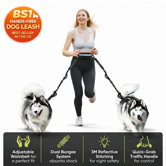 Hands-Free Dog Running Leash with Adjustable Waist Belt | Reflective Bungee Design, Dual Handles, Shock-Absorbing for Medium and Large Dogs - Ideal for Walking, Jogging, and Hiking