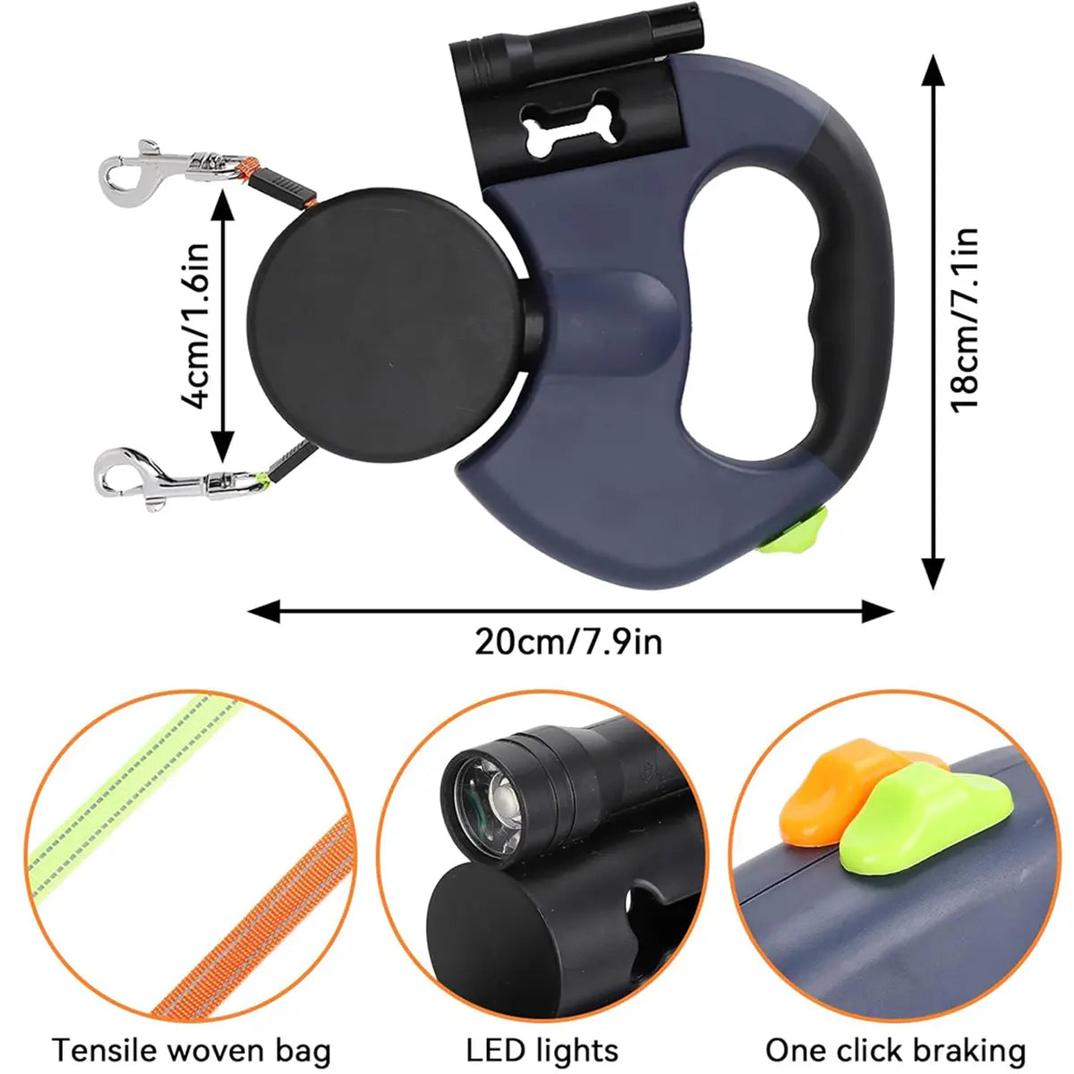 PAWHM 3M Double Dog Leash - Retractable, Tangle-Free Lead for Two Small Dogs with LED Light, Waste Bag Dispenser, and Reflective Hands-Free Design for Night Walking - 10Ft Rotating Stretchable Leash for Golden Retrievers