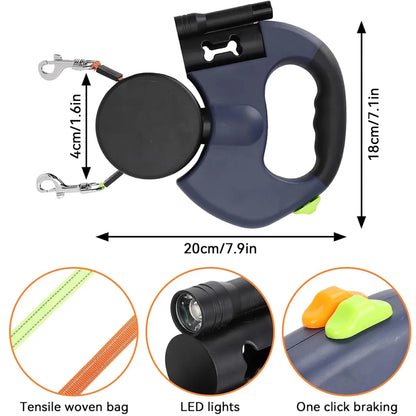 PAWHM 3M Double Dog Leash - Retractable, Tangle-Free Lead for Two Small Dogs with LED Light, Waste Bag Dispenser, and Reflective Hands-Free Design for Night Walking - 10Ft Rotating Stretchable Leash for Golden Retrievers
