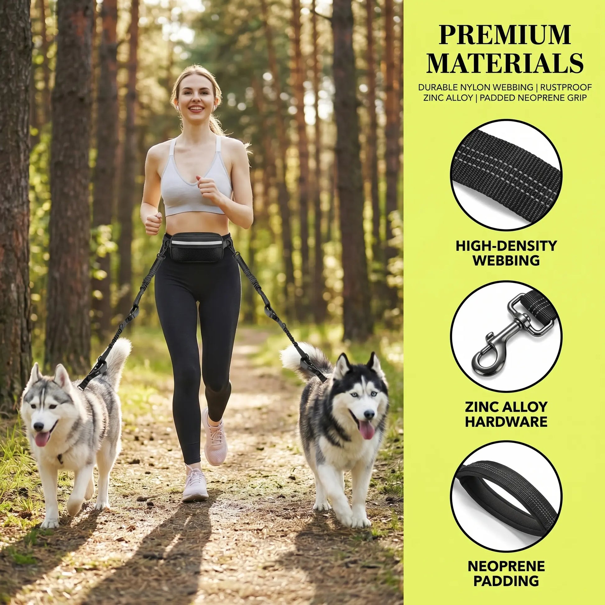 Hands-Free Dog Running Leash with Adjustable Waist Belt | Reflective Bungee Design, Dual Handles, Shock-Absorbing for Medium and Large Dogs - Ideal for Walking, Jogging, and Hiking