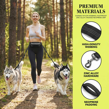 Hands-Free Dog Running Leash with Adjustable Waist Belt | Reflective Bungee Design, Dual Handles, Shock-Absorbing for Medium and Large Dogs - Ideal for Walking, Jogging, and Hiking