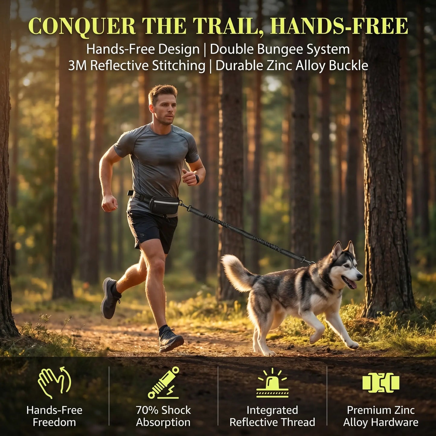 Hands-Free Dog Running Leash with Adjustable Waist Belt | Reflective Bungee Design, Dual Handles, Shock-Absorbing for Medium and Large Dogs - Ideal for Walking, Jogging, and Hiking