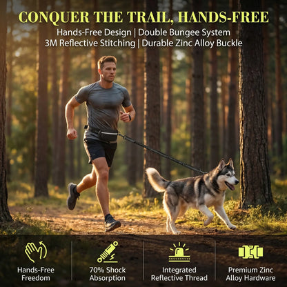 Hands-Free Dog Running Leash with Adjustable Waist Belt | Reflective Bungee Design, Dual Handles, Shock-Absorbing for Medium and Large Dogs - Ideal for Walking, Jogging, and Hiking